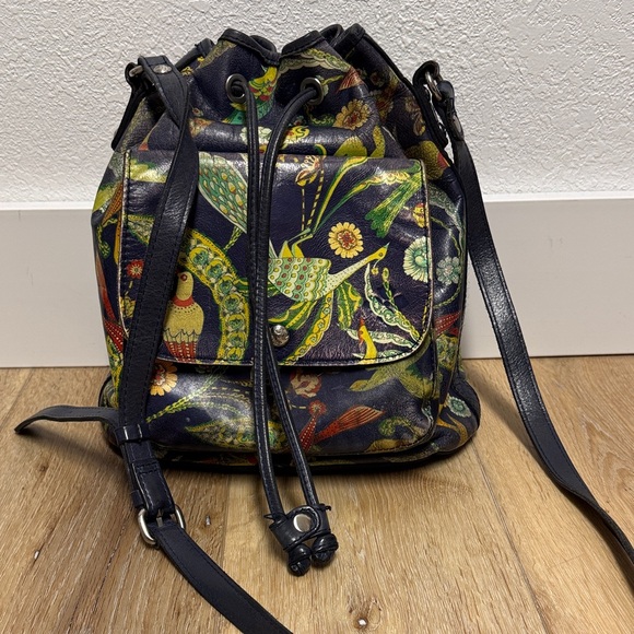 Patricia Nash leather drawstring backpack Birds of Paradise
